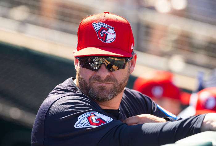 Mar 11, 2024; Goodyear, Arizona, USA; Cleveland Guardians manager Stephen Vogt against the Los Angeles Dodgers during a spring training game at Goodyear Ballpark. Mandatory Credit: Mark J. Rebilas-USA TODAY Sports